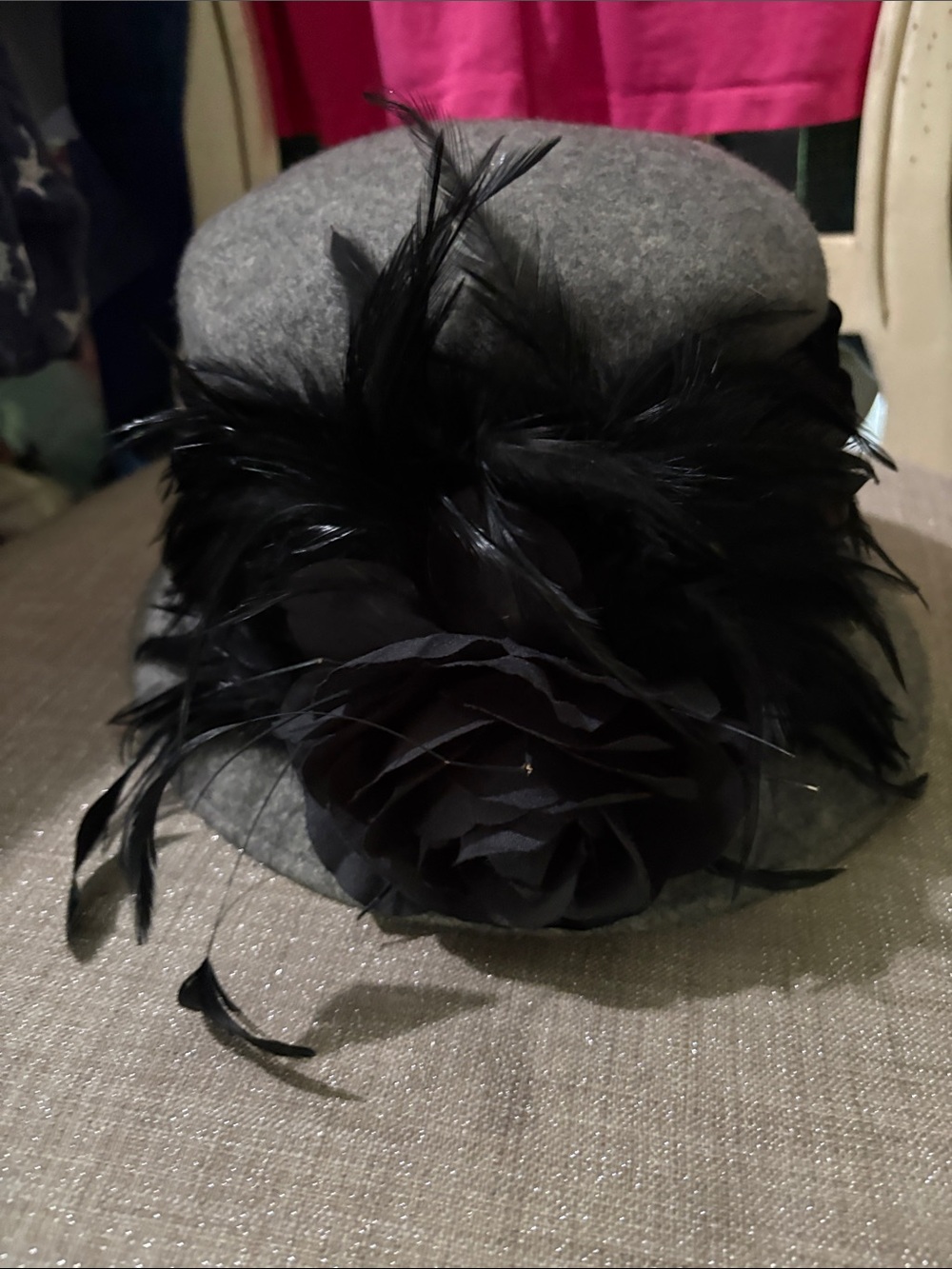 Women's Gray Felt Cloche Hat with Black Floral & Feather Accent